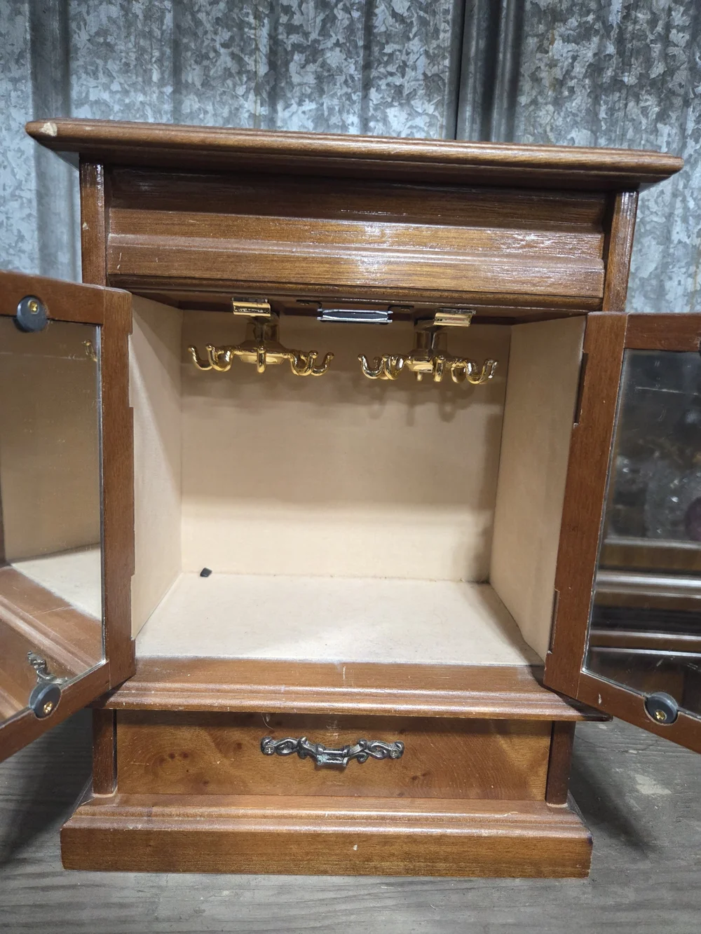Wooden Jewelry Cabinet with Etched Glass Doors - Brown